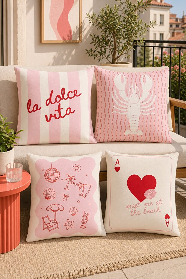 Pink Lobster Patterned 4-Piece Throw Pillow Cover Set