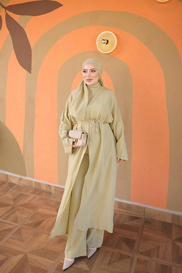 Khaki Shawl Detailed Tunic Trouser Suit