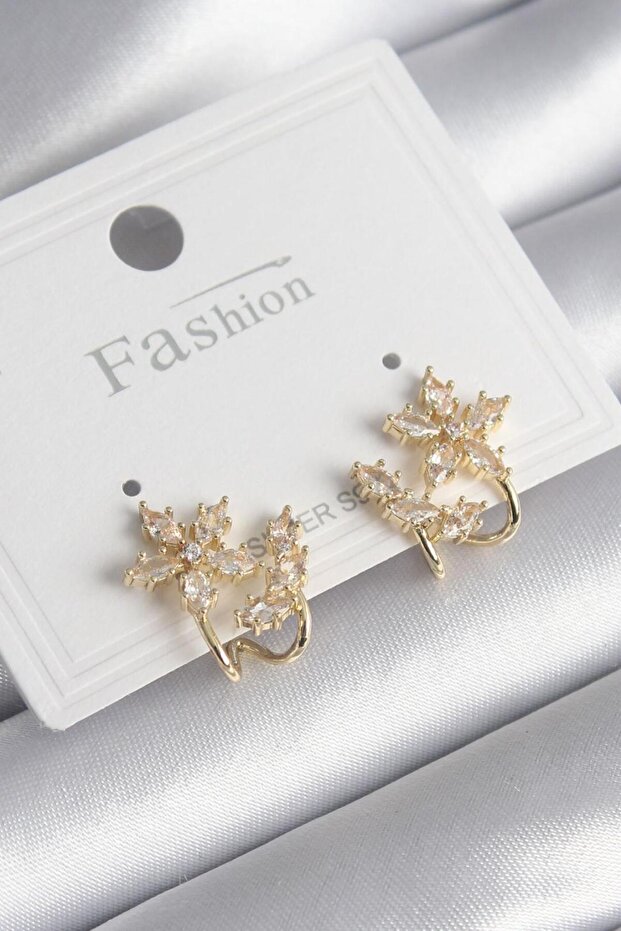 Brass Gold Color Zircon Stone Flower Model Women's Earrings