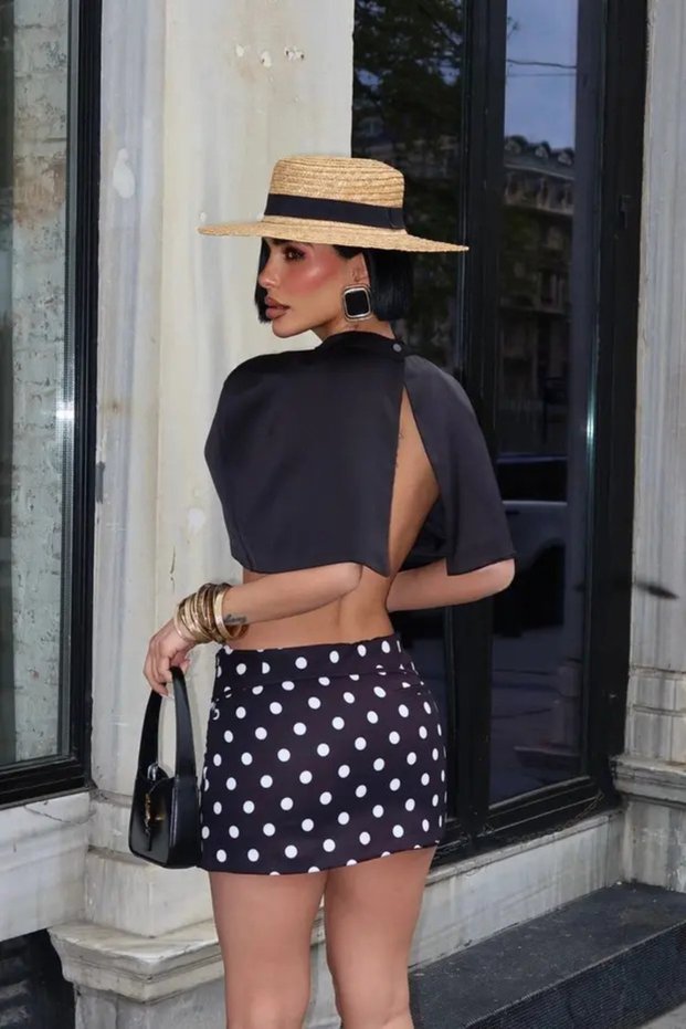 Women's Polka Dot Belt Detailed Mini Short Skirt with Zipper Back Pocket