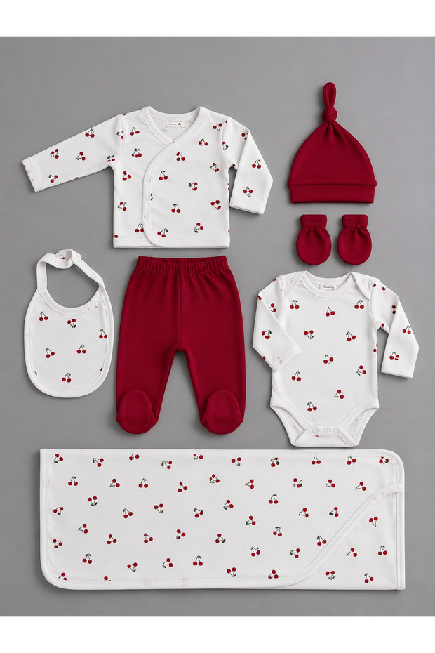 Cherry Patterned 7-Piece Newborn Hospital Discharge Set – 100% Cotton Baby Bodysuit Set