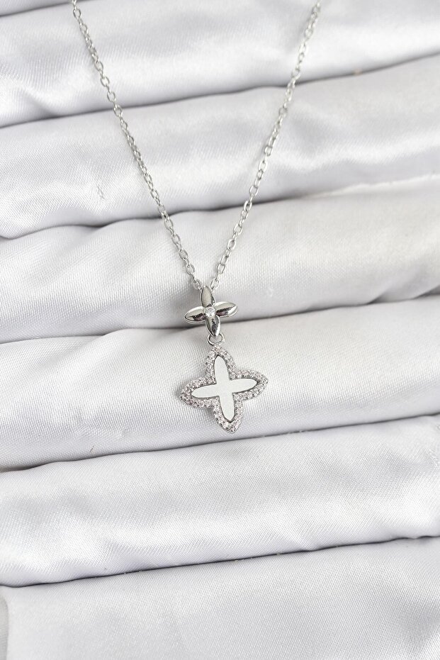 316L Steel Chain Silver Color 4-Leaf Clover Model Zircon Stone Women's Necklace