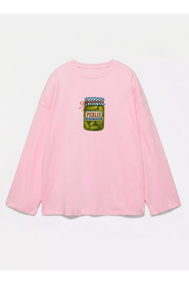100% Cotton Oversize Fit Pickles Printed - Crew Neck Long Sleeve T-Shirt