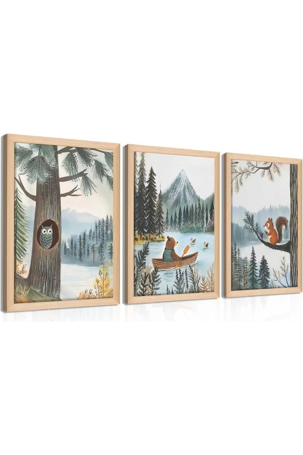 Woodland Lake Adventure 3 Piece BEIGE Floating Frame Canvas Wall Art | 3x 30x40cm 12x16 inch | Bear Owl Squirrel Forest Nursery Triptych