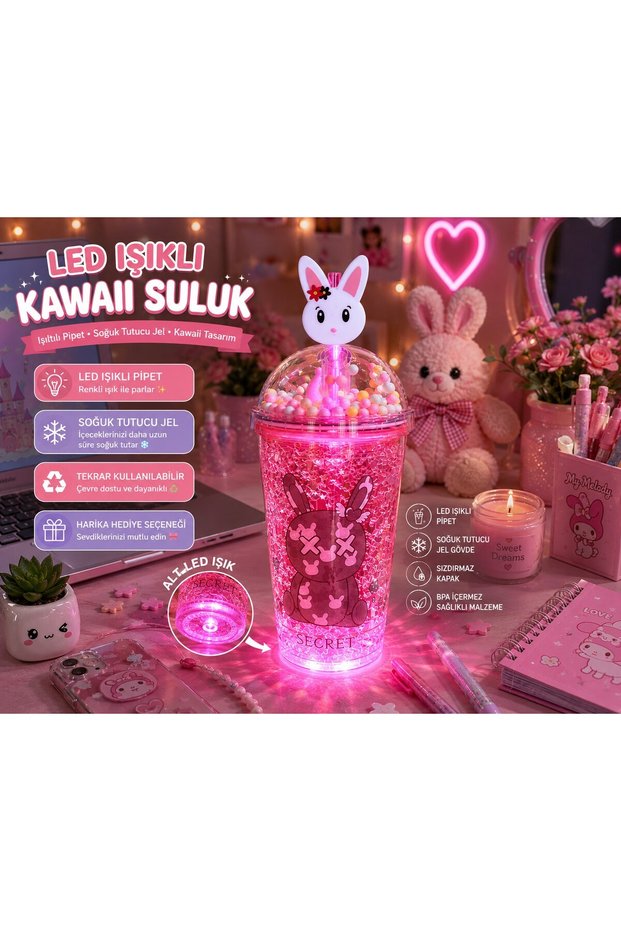 Led Lighted Straw Cup with Kawaii Chibi Cute Rabbit Figure Double Layer Drinking Cup Water Bottle 450ml Red