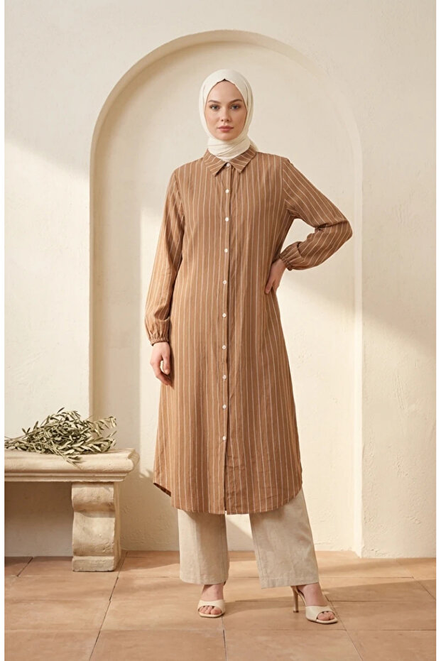 Muslin Fabric Buttoned Striped Tunic 0342-10 Milk Coffee
