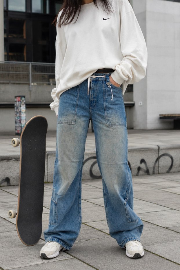 Unisex Blue Washed Baggy Jeans with Rope Belt Detail