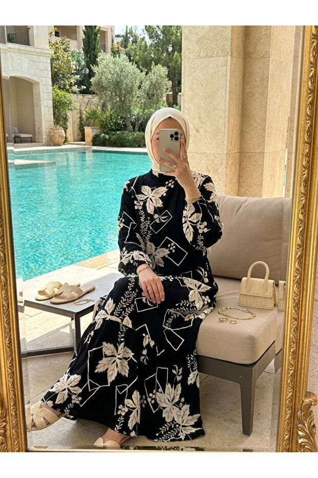 Women's Viscose Patterned Flounce Hijab Dress