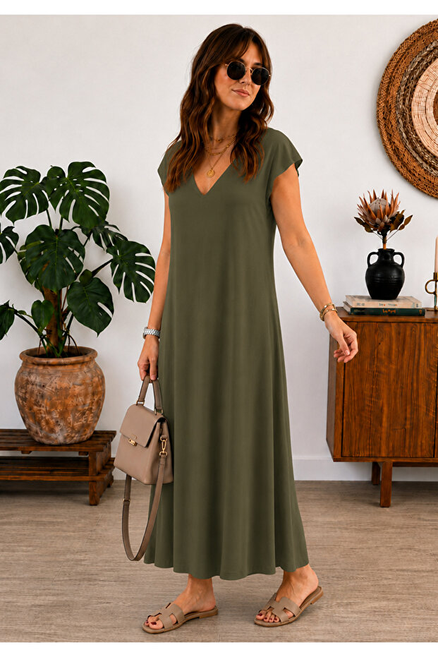 Solid Color Viscose Fabric Relaxed Fit Bohemian Style Dress