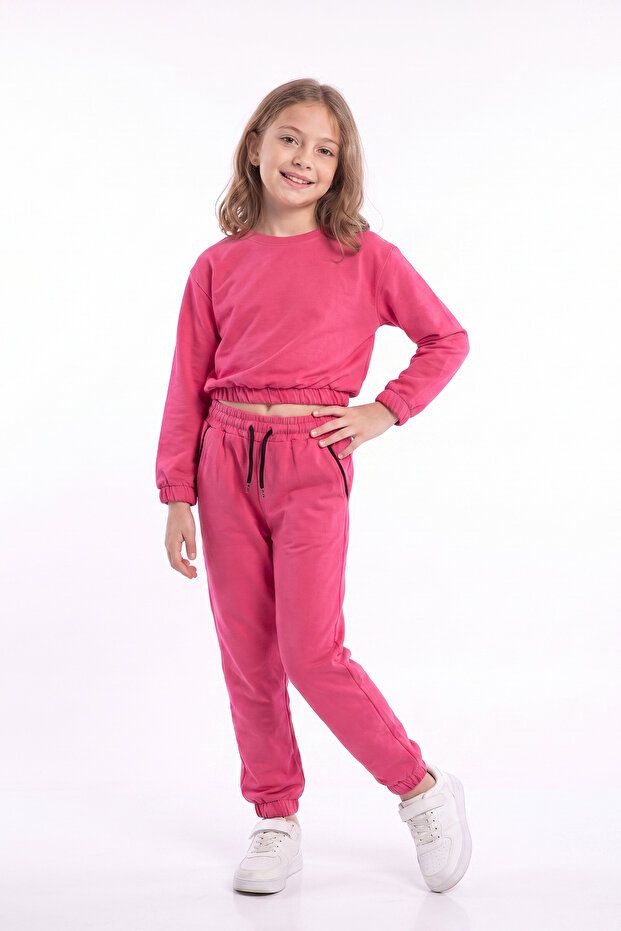 Girl's Round Collar Pocket Piping Detailed Plain Unprinted Elastic Cuffed Top and Bottom Tracksuit Set