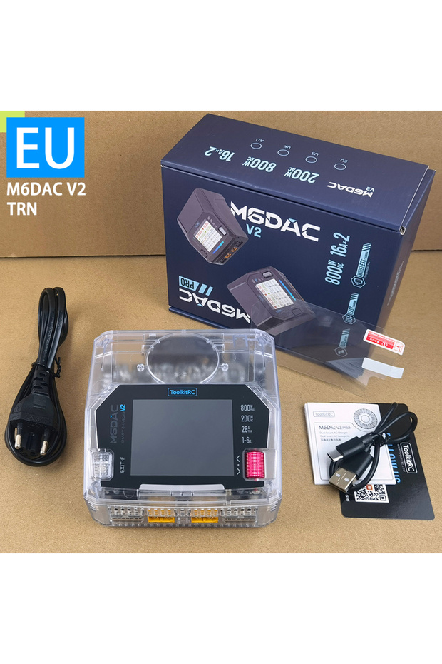 شاحن EU M6DAC V2 TRN من ToolkitRC، قابس أوروبي، شاحن ثنائي القناة بقدرة 200 واط تيار متردد و800 واط تيار مستمر، شفاف اللون، موديل IPS