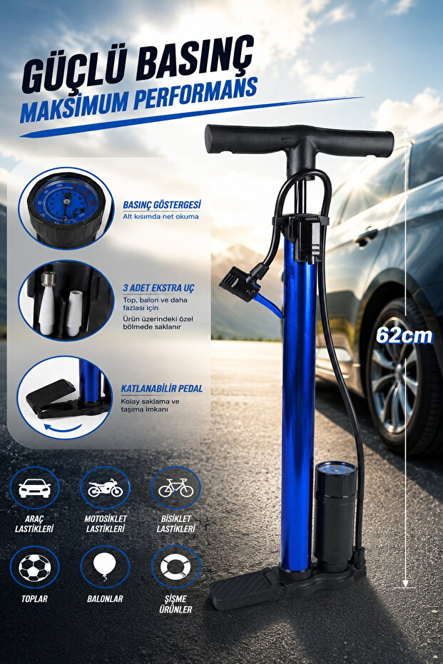 Monometer Folding Pedal Inflator Pump 62cm Metal Body Ball Tire Balloon Inflator Gb134