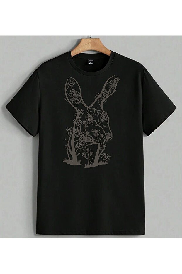 Agac Tavsan Doga Art Black Printed Unisex Oversize T-Shirt Black