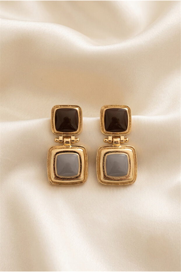 Black and Gray Double Square Stone Dangle Earrings