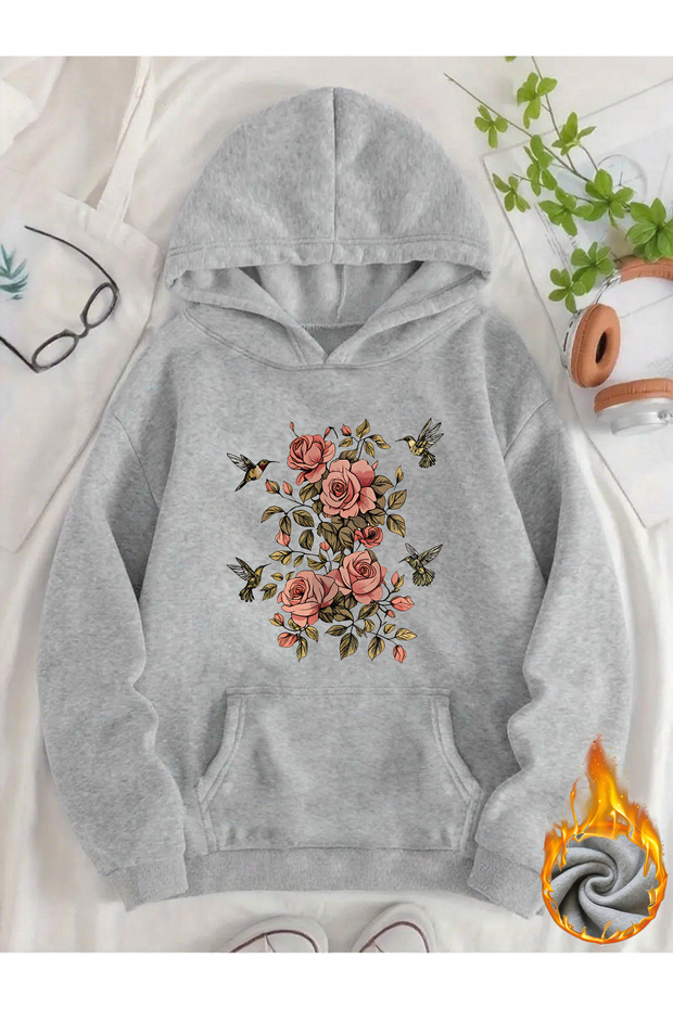 Unisex Floral Printed Hooded Kangaroo Pocket Comfortable Fit Regular Cut Sweatshirt