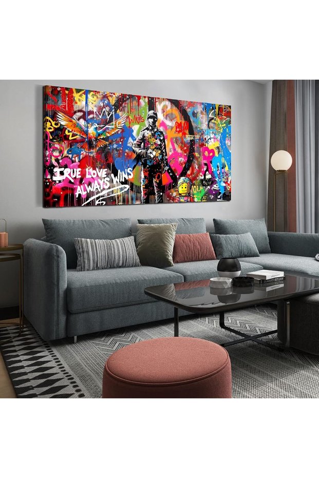 True Love Always Wins Graffiti Canvas Wall Art | 50x100 Inches Gallery Wrapped | Street Art with Soldier Dove Peace Sign | Modern Urban Decor
