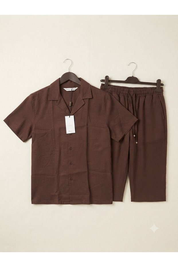 3. 100% Linen Shirt & Shorts Two-Piece Set Breathable Summer Men's Combination Black Cream Navy Blue Brown Cream Green