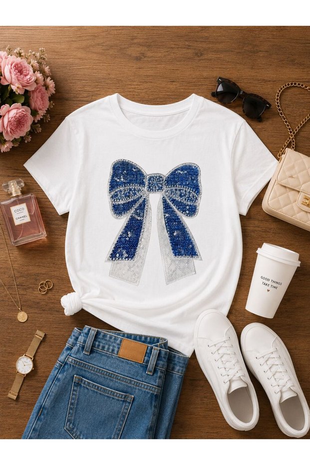Women's Basic Blue Ribbon Digital Printed T-Shirt