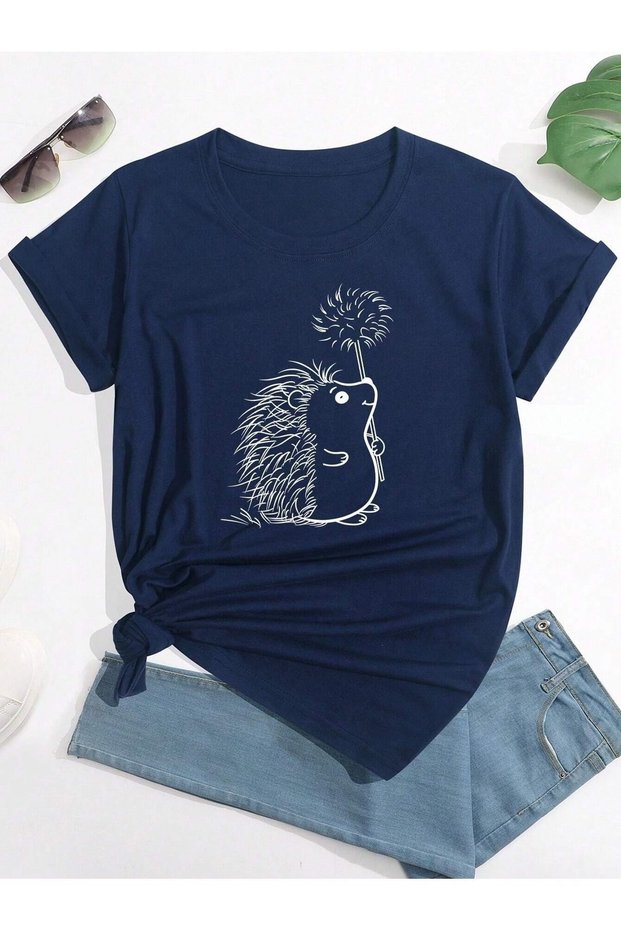 Women's Navy Blue Hedgehog Printed Oversize T-Shirt