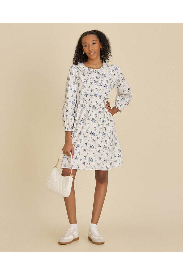 Senior Girls White Printed Ditsy Dobby Peter Pan Collar Dress