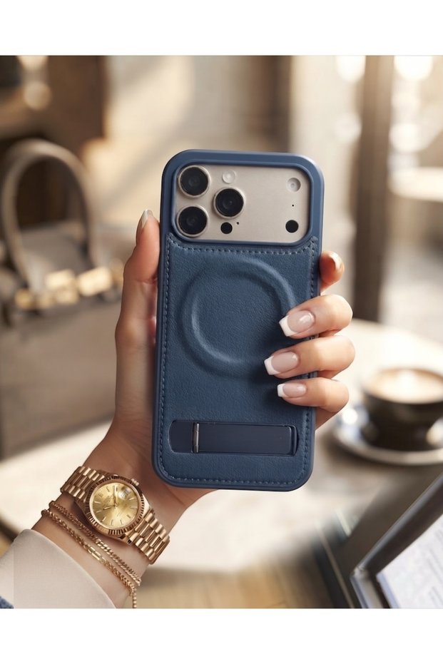 iPhone 18 Pro Compatible Leather Cover with Metal Foldable Stand and Magsafe Support