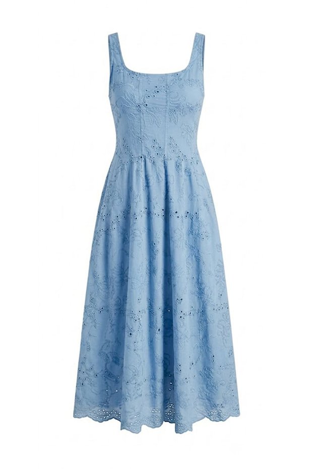 Floral Embroidered Square Neck Dress-Blue Blue