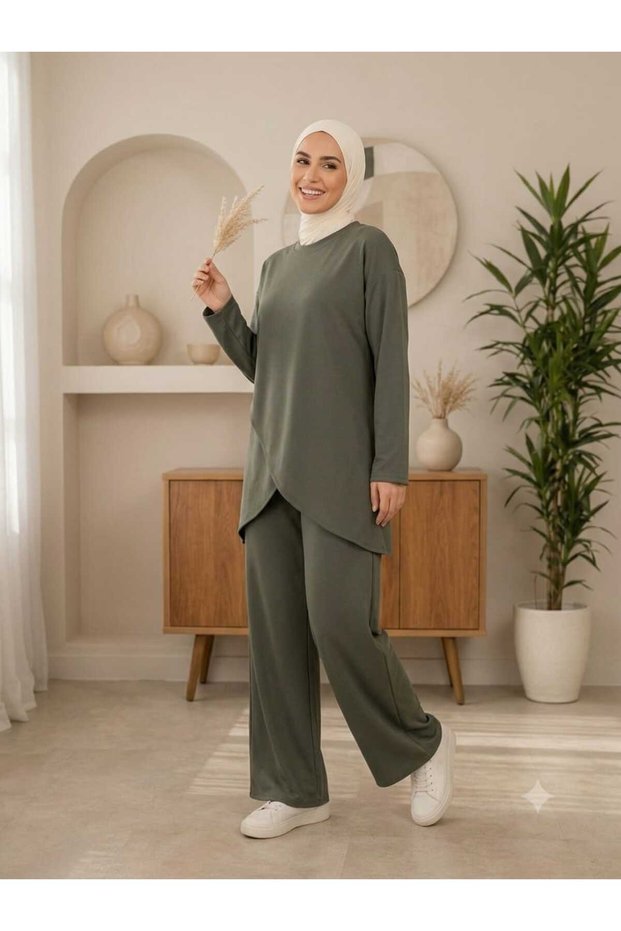 Women's Modal Fabric Comfortable Fit Elastic Waist Two-Piece Hijab Set Bottom Top with Special Detail on the Front Trendy Style