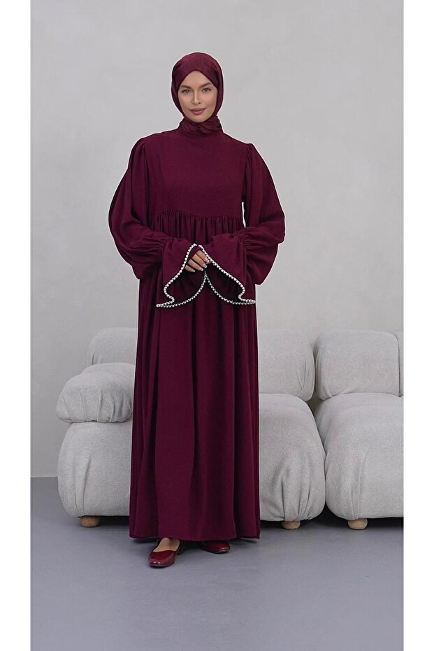 Pearl-Embellished Sleeve Single Layer Crepe Burgundy Hijab Dress