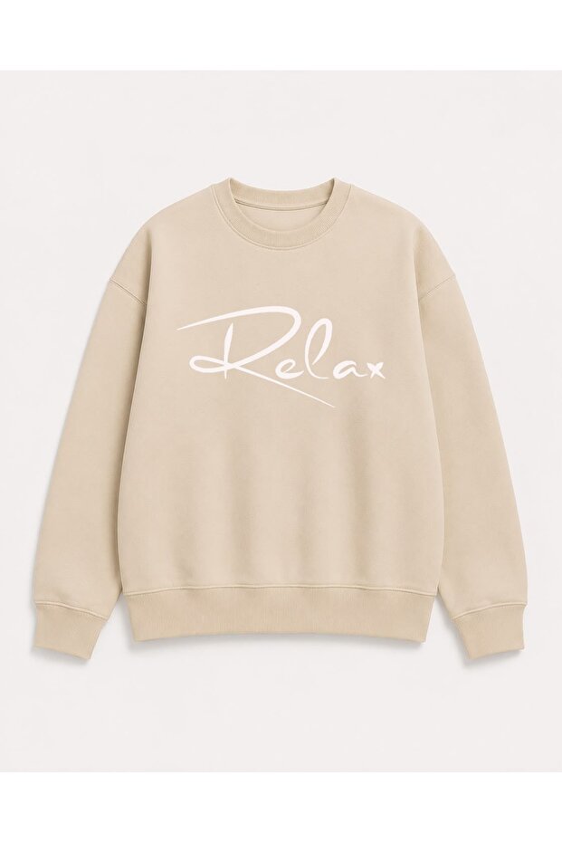 Relax Lettering Print Detailed Embroidered 2 Thread Crew Neck Sweatshirt