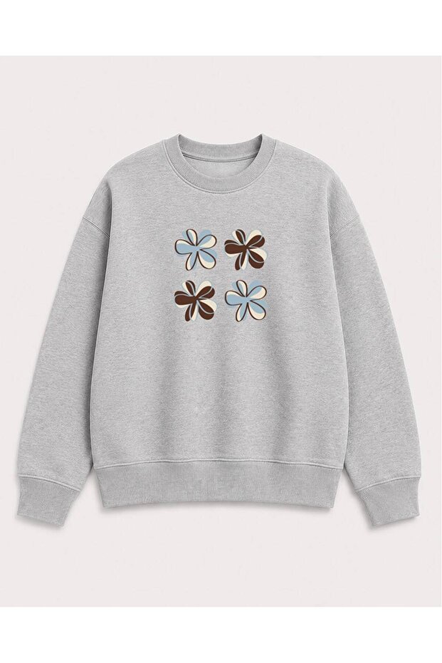 Floral Printed 2 Thread Threaded Crew Neck Sweatshirt