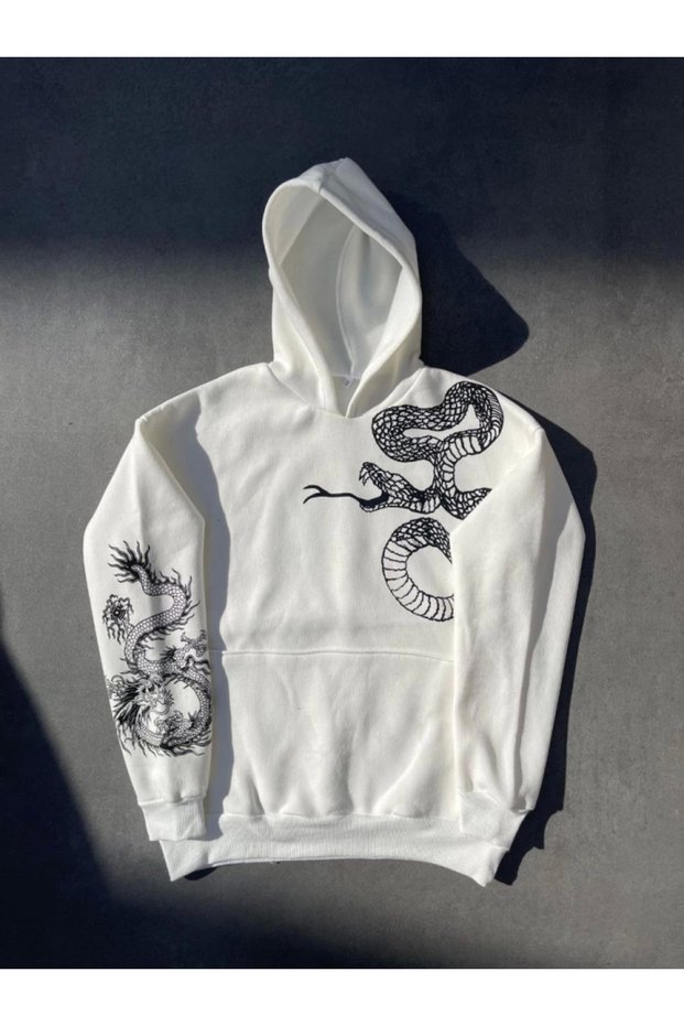 Long sleeve hooded printed sweatshirt - white