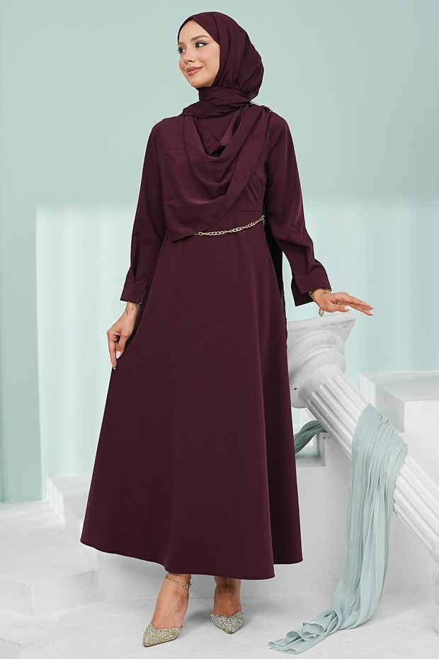 Plum Shoulder Shawl Detailed Chain Belted Dress