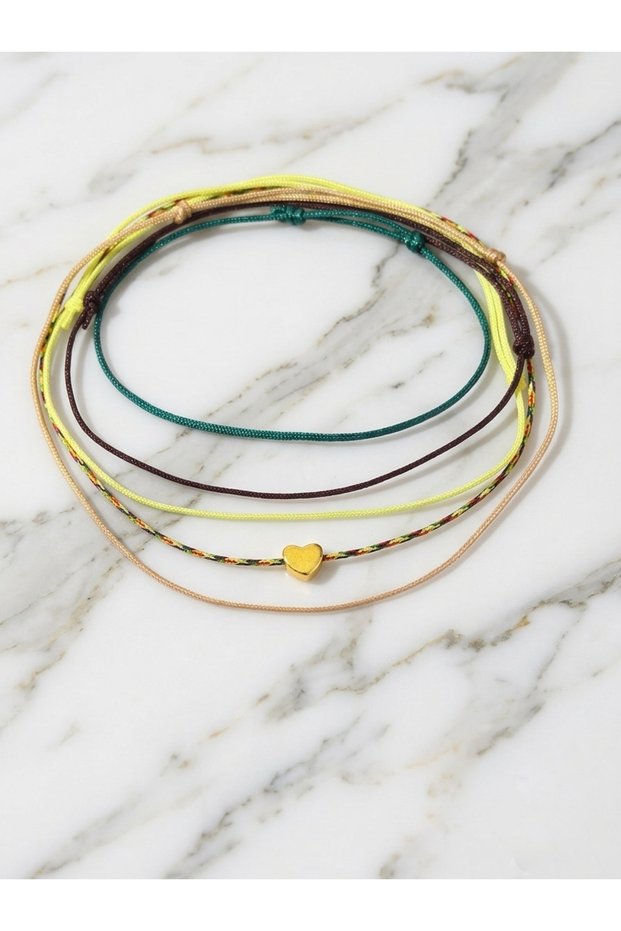 Set of 5 Colorful Rope Heart Figured Bracelets in Pastel Colors with Slide Lock Knitting and Adjustable Features