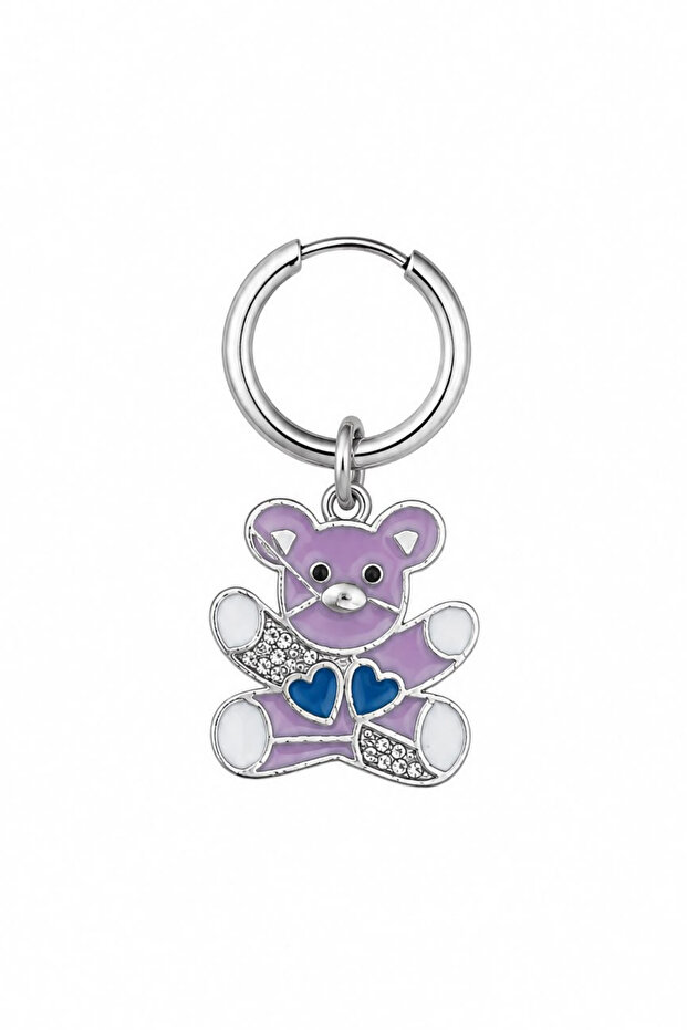 Unisex Silver Color Surgical Steel Dangle Enamel Teddy Bear Figured Hoop Earrings 1 Piece