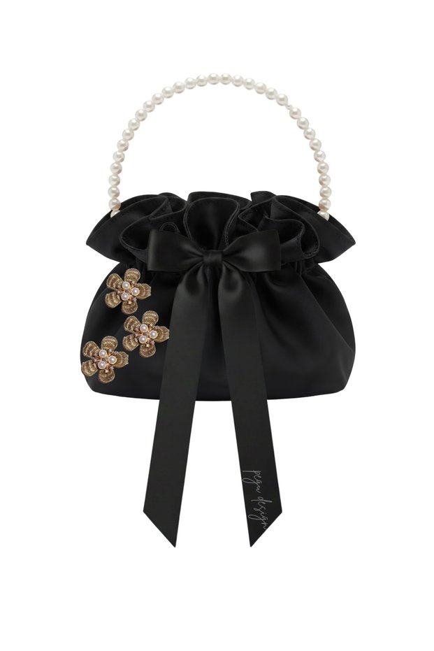 Black Cotton Satin Bag, Black Satin with Flowered Pearl Handle, Daily/Formal Wear