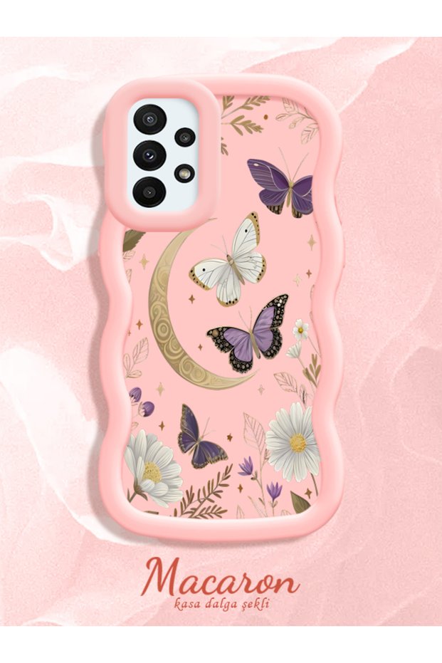 Samsung Galaxy A23 Compatible Wavy Frame Moon Butterfly and Flower Patterned Silicone Phone Case