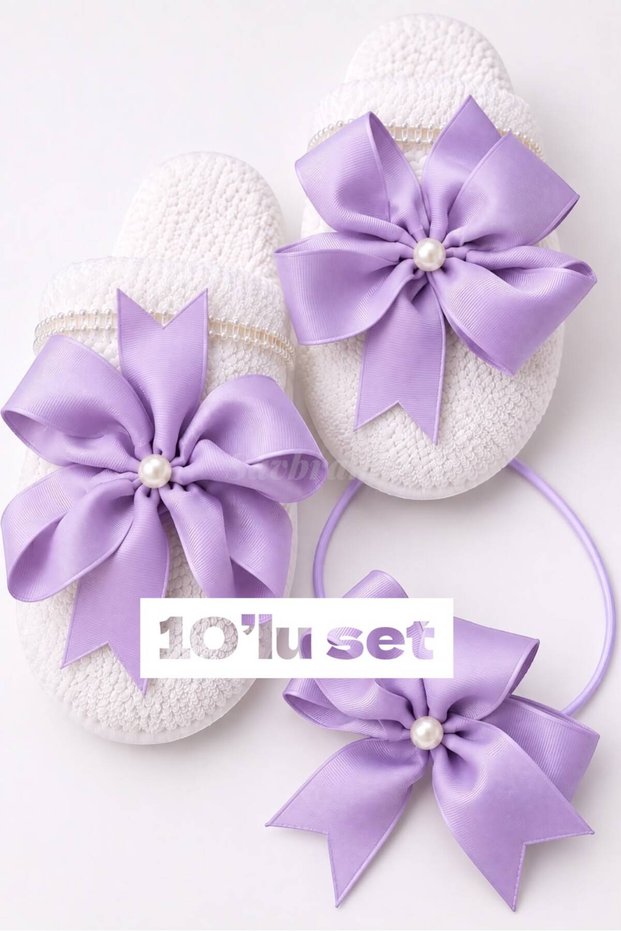 Bowknot and Pearl Maternity Slippers and Crown Set, 10-Piece – for Hospital Discharge, Baby Shower, and Birth Photo Shoots