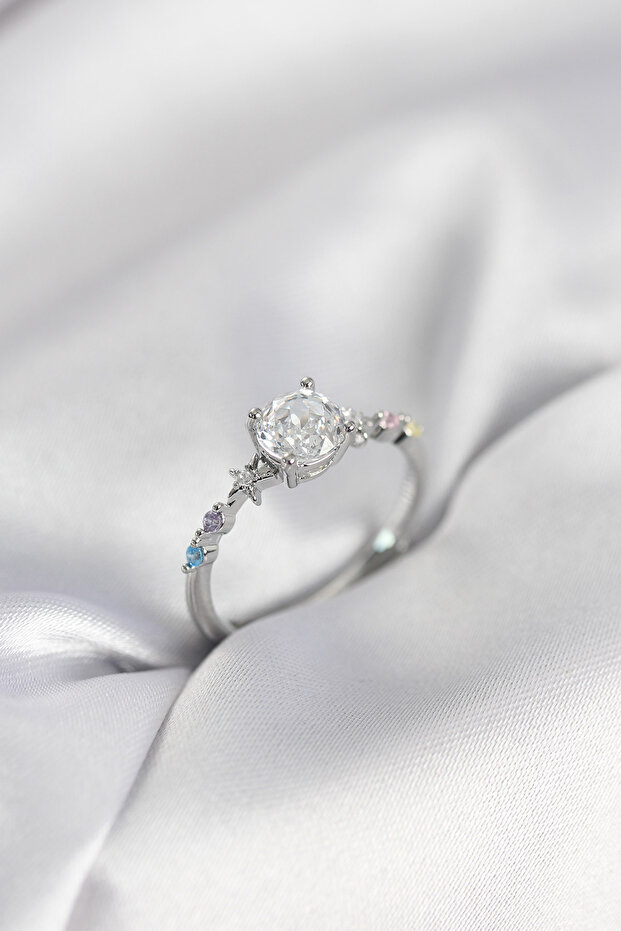Single Stone Model Zircon Stone Silver Color Women's Ring
