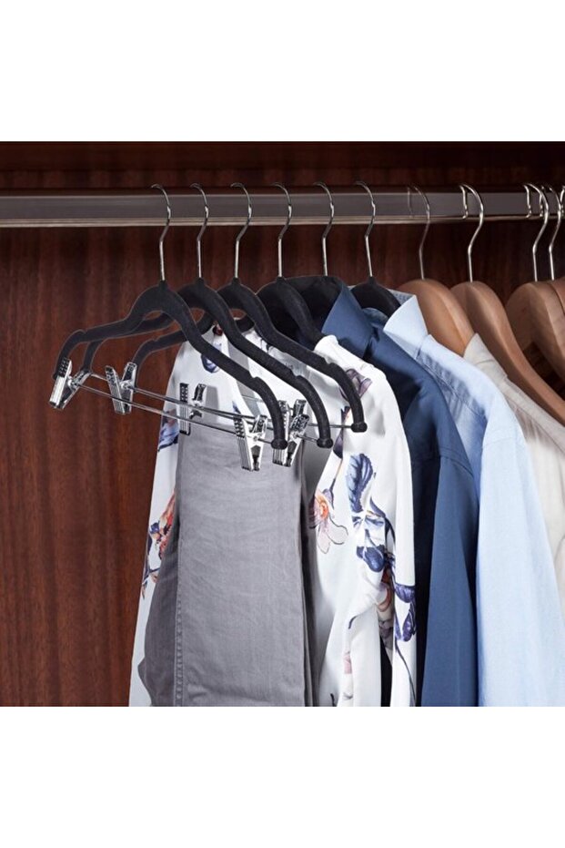 Clothes hangers with clips set of 10, hooks rotatable 360°, with trouser hanger etc., non-slip, 43 cm, black
