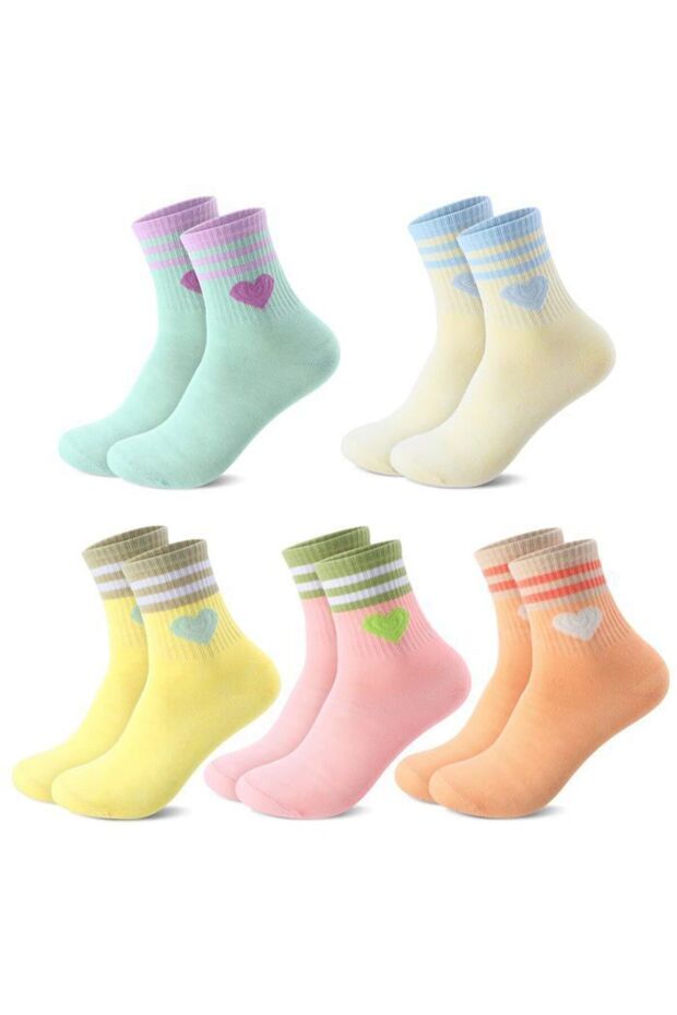 Girls' athletic socks - 5-pack, striped/heart pattern, UK sizes 1-4.5 - suitable for everyday wear