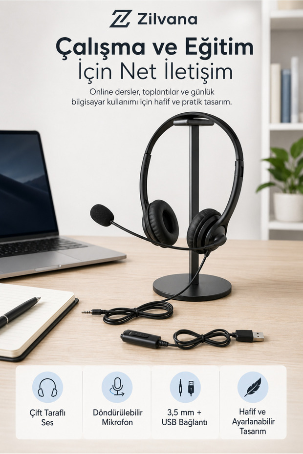 Wired Computer Headset with Microphone – Dual-Ear, Adjustable Office & Study Headset with 3.5mm Jack and Detachable USB Adapter Black