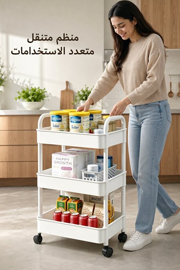عربة تخزين بلاستيكية متحركة بثلاثة طوابق، منظم متعدد الاستخدامات بعجلات قابلة للقفل ومقبض، للمطبخ والحمام