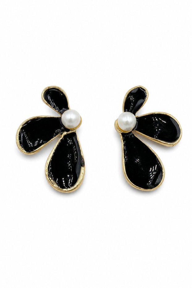 Black Enamel and Pearl Detailed Stylish Flower Motif Bijouterie Earrings for Women