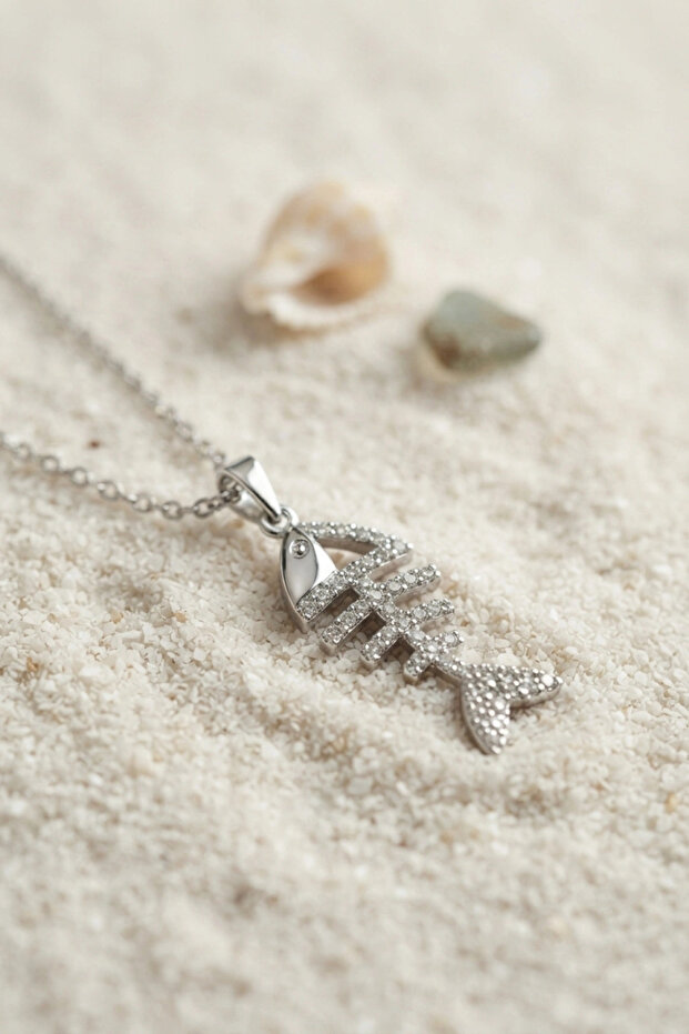 316L Steel Chain Silver Color Minimal Zircon Stone Fish Bone Necklace