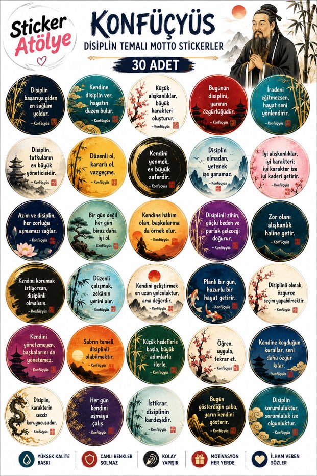 Confucius Discipline Themed Motto Sticker Set – 30 Round Motivational Labels – Laptop, Notebook, and Agenda Stickers