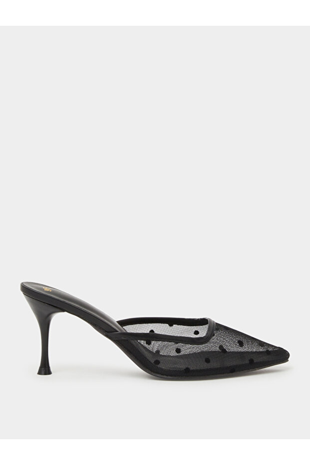 Black Polka Dot Pointed Toe Mesh High Heel Mules