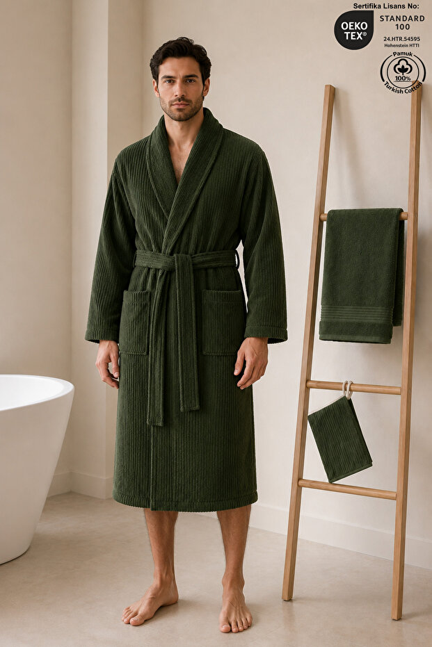 Eldy Men's Robe Set, 3 Pieces, 100% Cotton Certified Shawl Collar Striped Robe Set - Green Color