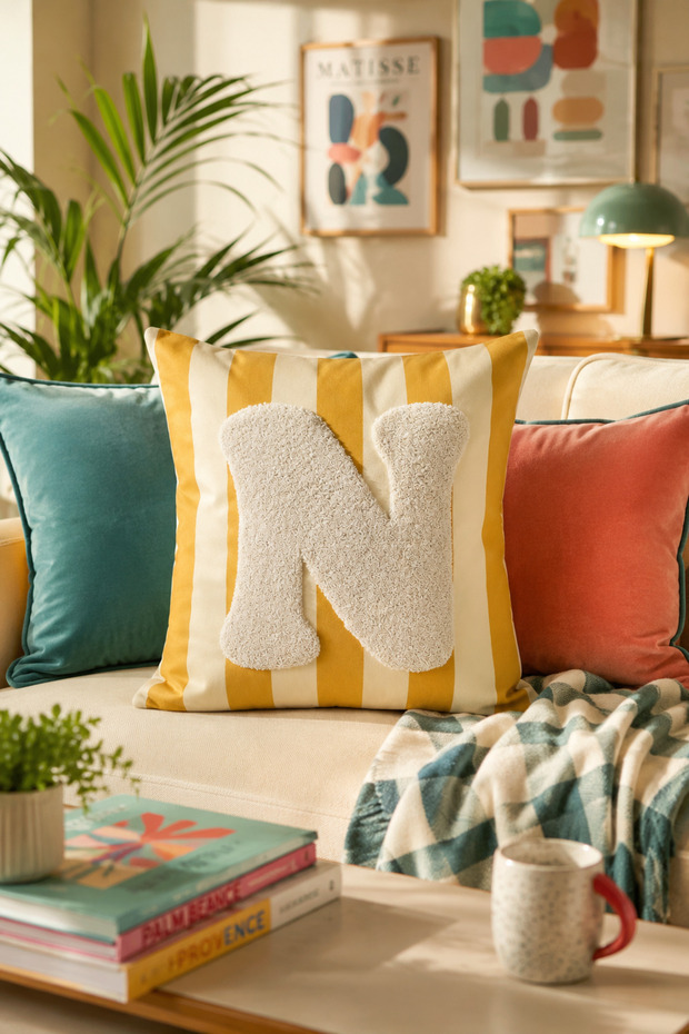 Punch Embroidered Throw Pillow Cover - 43*43 cm - Yellow Letter N - Pnk001
