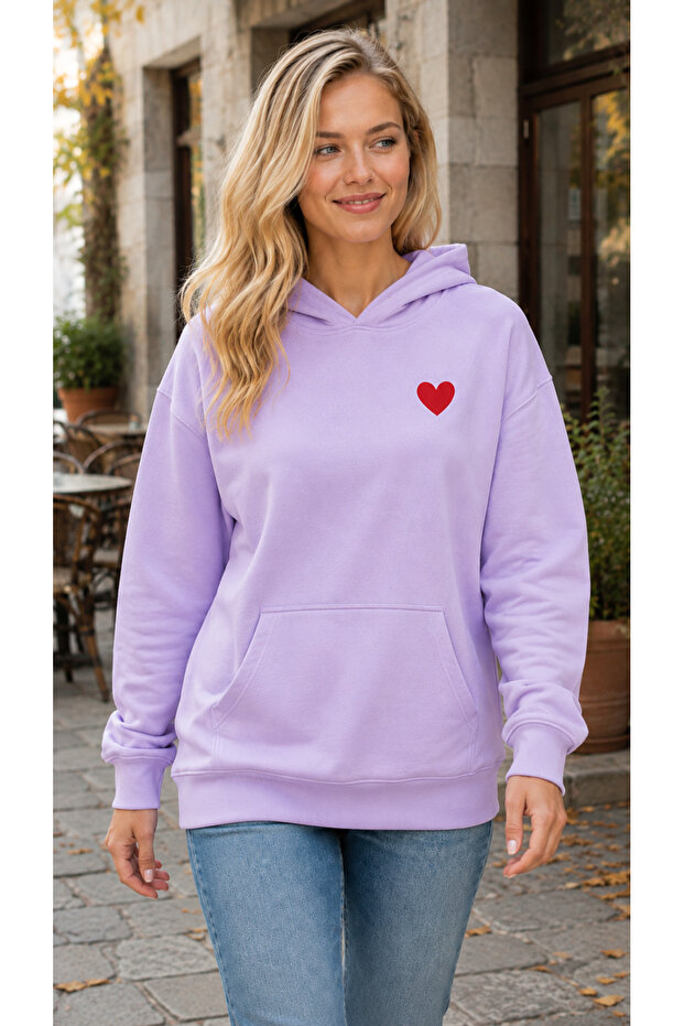 Women's Small Red Heart Printed Hooded Sweatshirt with Kangaroo Pocket