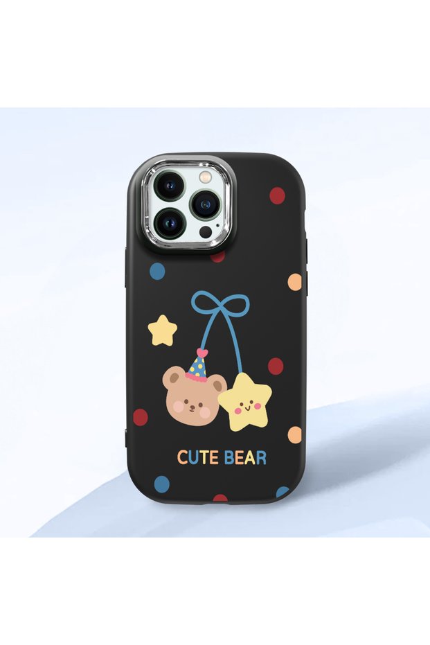 iPhone 14 Pro Max Compatible Case Camera Protector Black Silicone Couple Phone Case with Bear Pattern